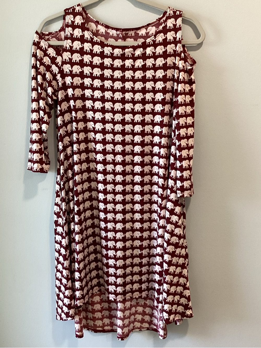 Burgundy Boutique Elephant Print Dress, 3/4 sleeve, cold shoulder
